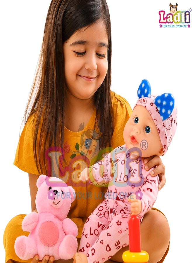 Ladli Premium Cute Baby Doll | Ultra Soft, Safe Fabric | Great for Birthdays & Festivals Kids' Backpack Doll Carrier with Bunny Design, Pink and Yellow with Blue Ears, Educational Toy - Image 4